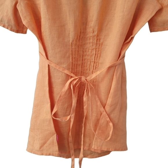 Linen SS Tie Waist Blouse Orange Light Pleated V-Neck Tunic SZ 2 - Picture 4 of 9